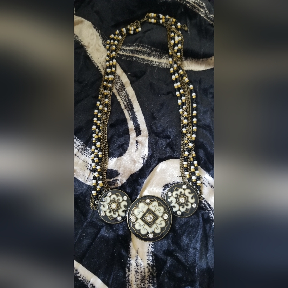 Elegant Black, Ivory Enameled Piece On Beautiful Beaded Necklace